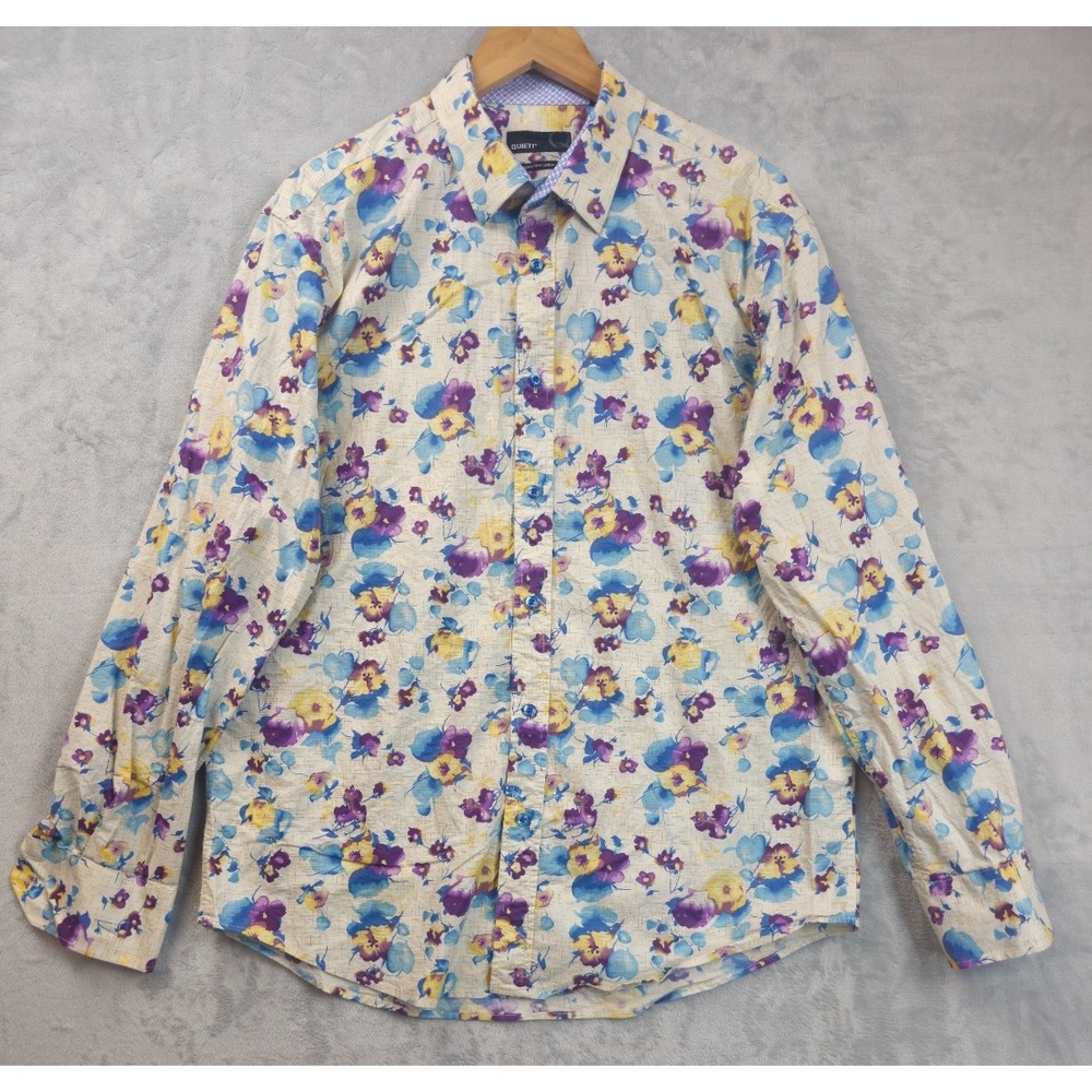Quieti Shirt Mens XL Beige Purple Blue Floral Flip Cuffs Long Sleeve Button-Up
